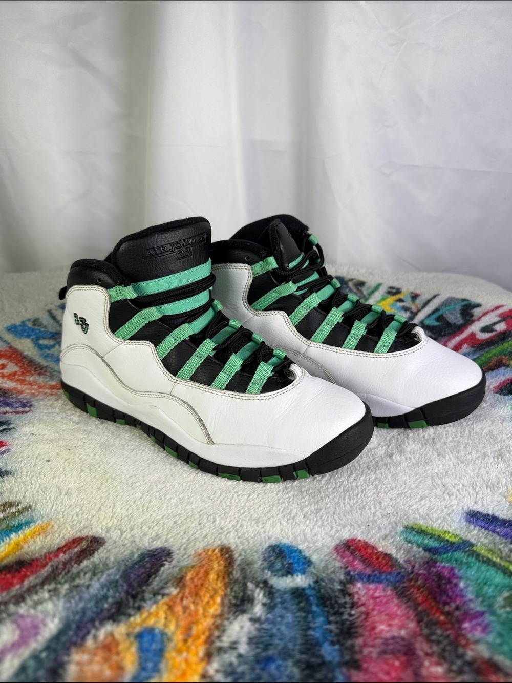 Jordan 10 Retro 7Y Kids' High-Top Sneakers - White, Black & Mint Green